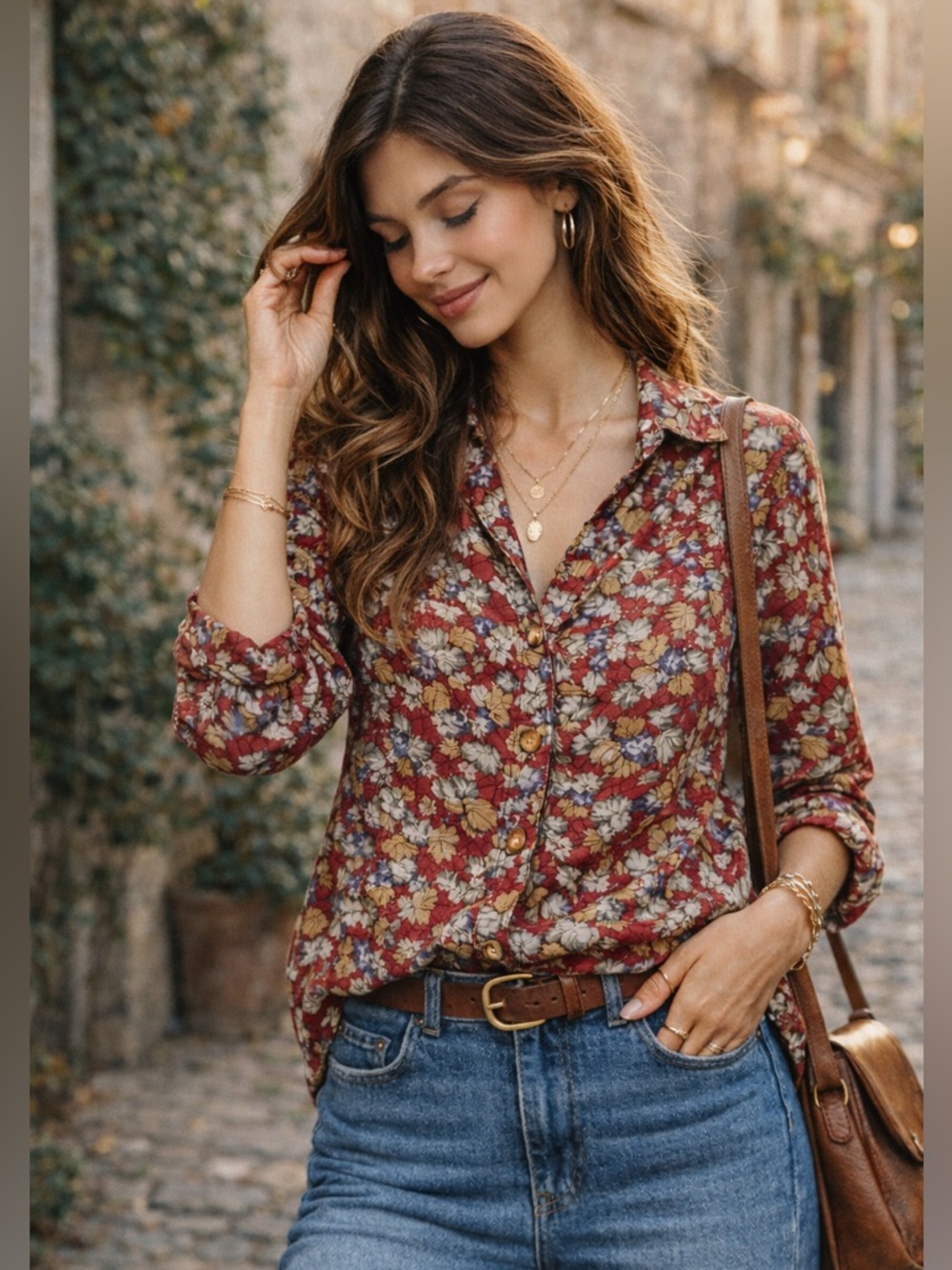 VIVA FLEUR Vintage Red Floral Button-Up Blouse Sz 7 Retro Cottagecore BohoTop